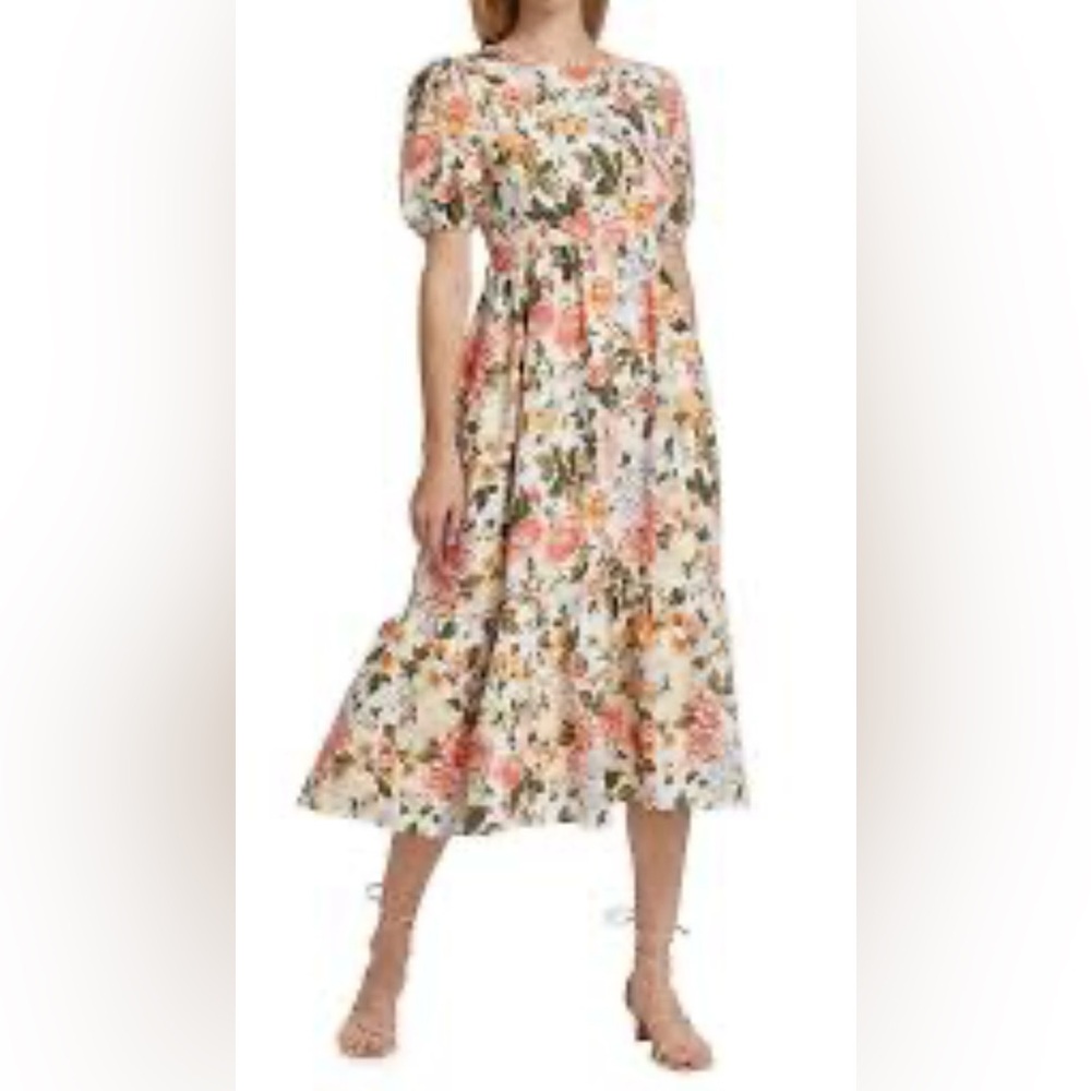 Faithfull the Brand Floral Midi with Puff Sleeves and Keyhole Back Dress
